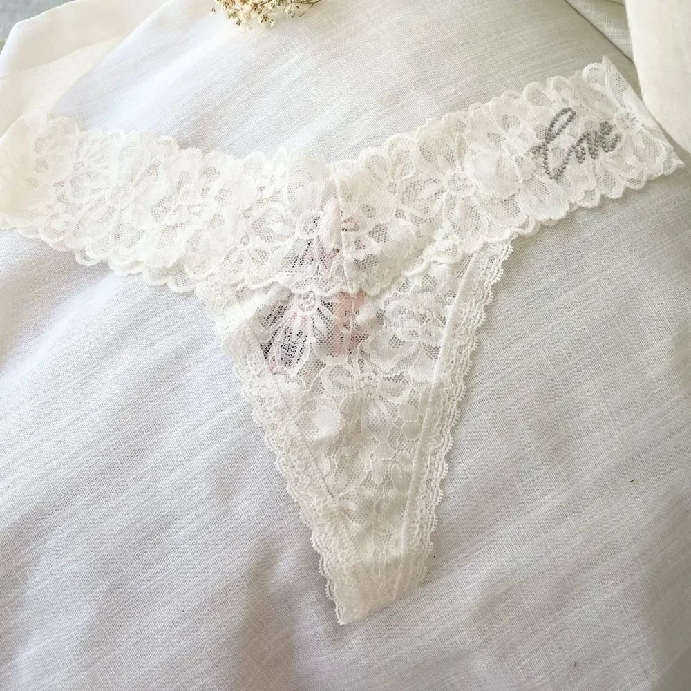 Rare Love rhinestone white lace thong